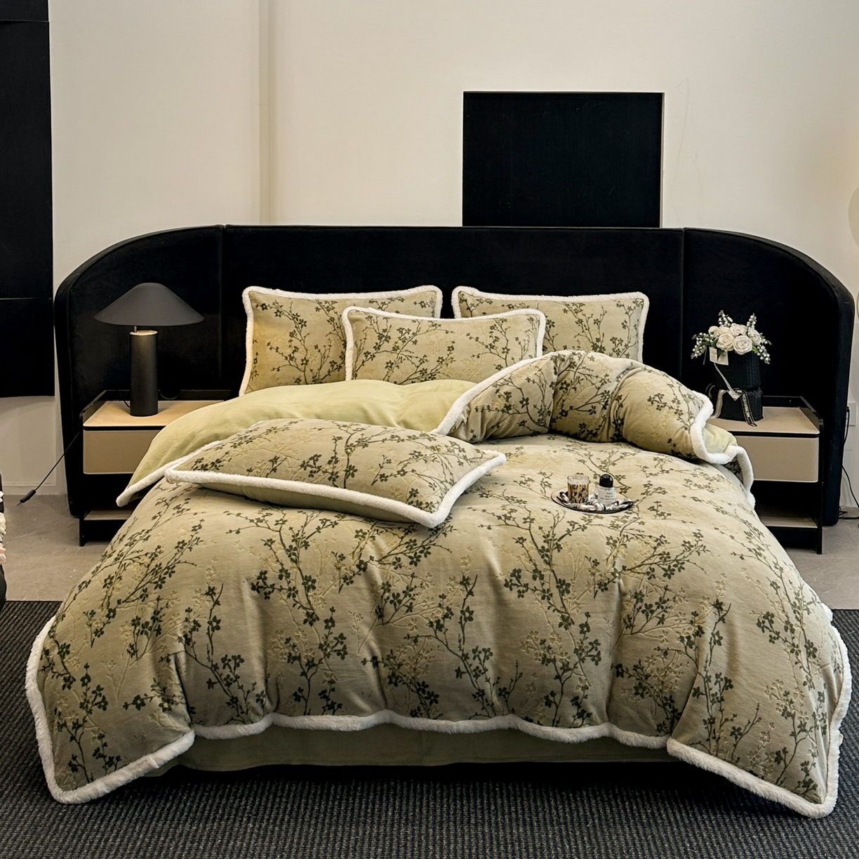 91家纺网 家纺一手货源 找家纺 如一 2025新款立体雕花牛奶绒兔毛包边四件套 山茶-绿