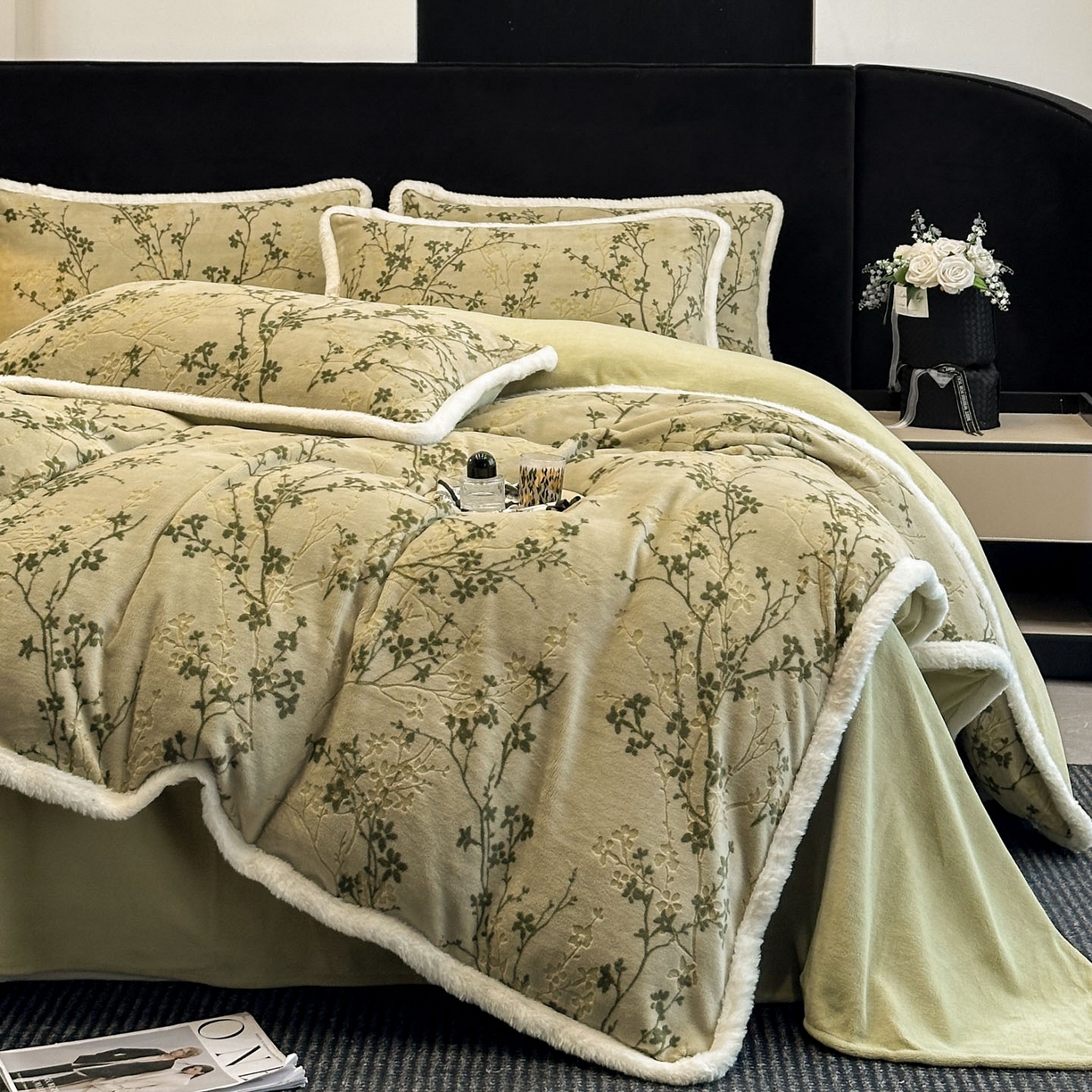 91家纺网 家纺一手货源 找家纺 如一 2025新款立体雕花牛奶绒兔毛包边四件套 山茶-绿