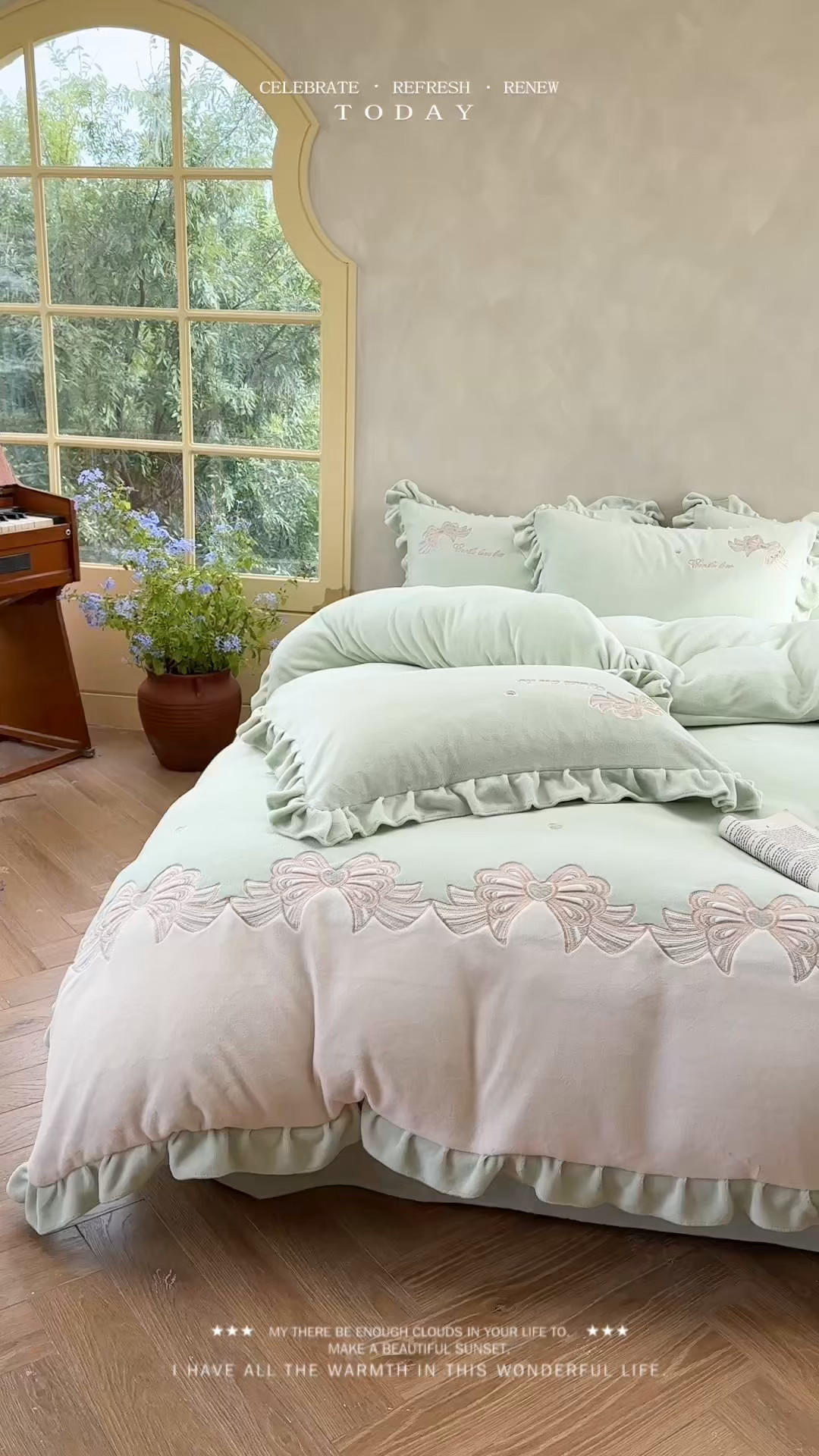 91家纺网 家纺一手货源 找家纺 可以家居 2025新款高克重全消光超细旦奶芙云绒四件套-玛利亚系列-莫妮卡 莫妮卡新芽绿