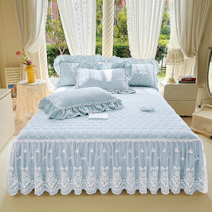 罗艺轩 【控价】2025新款立体雕花牛奶绒加厚保暖床裙款三件套-安琪儿 安琪儿-蓝