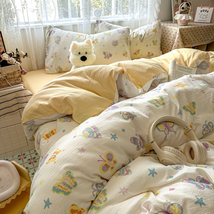 91家纺网 家纺一手货源 找家纺 花伞家居 2025新款印花双层纱四件套（提供买家秀） 童年蝴蝶