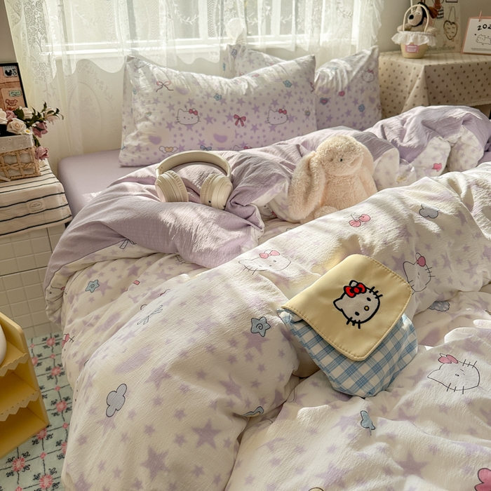 91家纺网 家纺一手货源 找家纺 花伞家居 2025新款印花双层纱四件套（提供买家秀） 星星猫