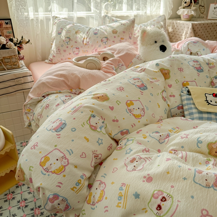 花伞家居 2025新款印花双层纱四件套（提供买家秀） 快乐小猫