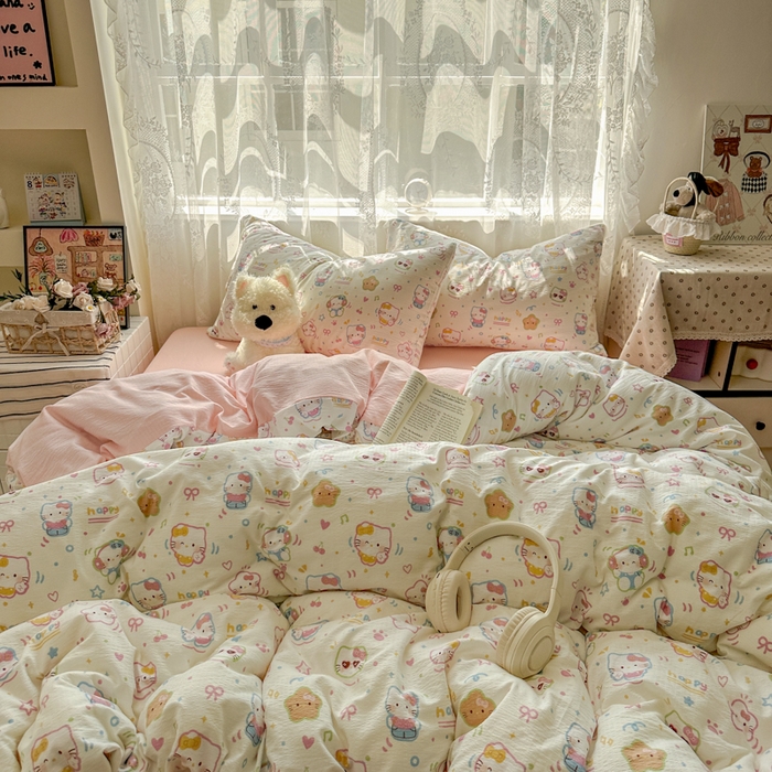 91家纺网 家纺一手货源 找家纺 花伞家居 2025新款印花双层纱四件套（提供买家秀） 快乐小猫