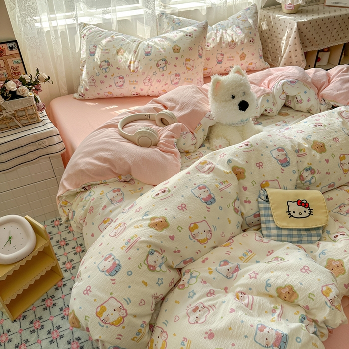 91家纺网 家纺一手货源 找家纺 花伞家居 2025新款印花双层纱四件套（提供买家秀） 快乐小猫