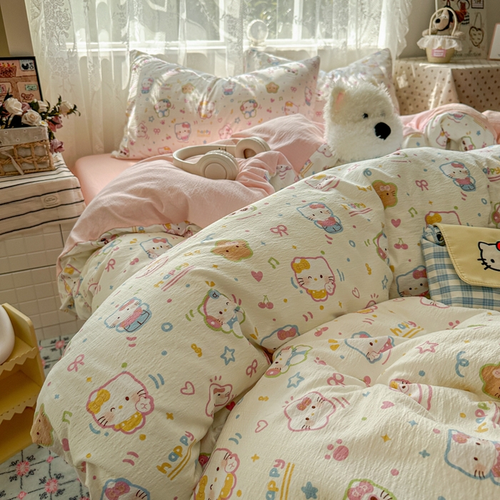 91家纺网 家纺一手货源 找家纺 花伞家居 2025新款印花双层纱四件套（提供买家秀） 快乐小猫