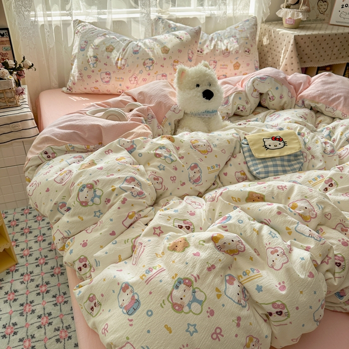 91家纺网 家纺一手货源 找家纺 花伞家居 2025新款印花双层纱四件套（提供买家秀） 快乐小猫