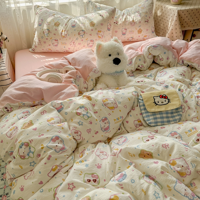 91家纺网 家纺一手货源 找家纺 花伞家居 2025新款印花双层纱四件套（提供买家秀） 快乐小猫