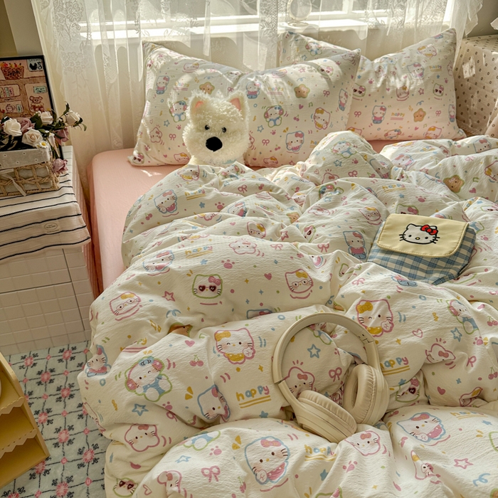 91家纺网 家纺一手货源 找家纺 花伞家居 2025新款印花双层纱四件套（提供买家秀） 快乐小猫