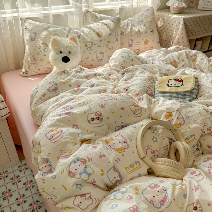 91家纺网 家纺一手货源 找家纺 花伞家居 2025新款印花双层纱四件套（提供买家秀） 快乐小猫