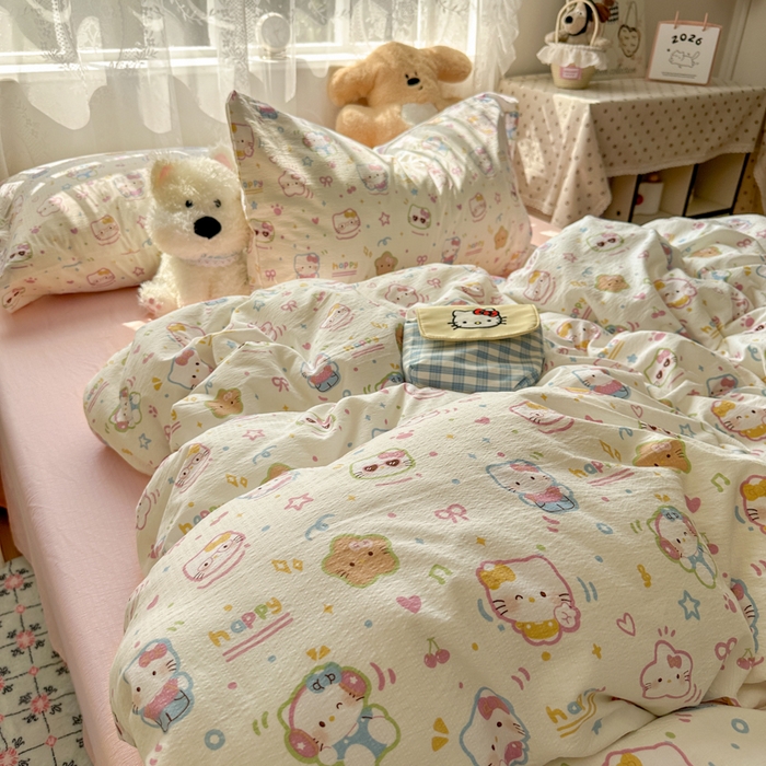 91家纺网 家纺一手货源 找家纺 花伞家居 2025新款印花双层纱四件套（提供买家秀） 快乐小猫