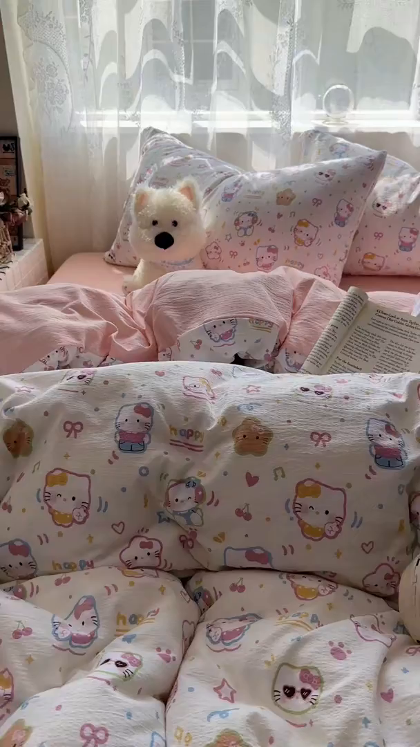 91家纺网 家纺一手货源 找家纺 花伞家居 2025新款印花双层纱四件套（提供买家秀） 快乐小猫