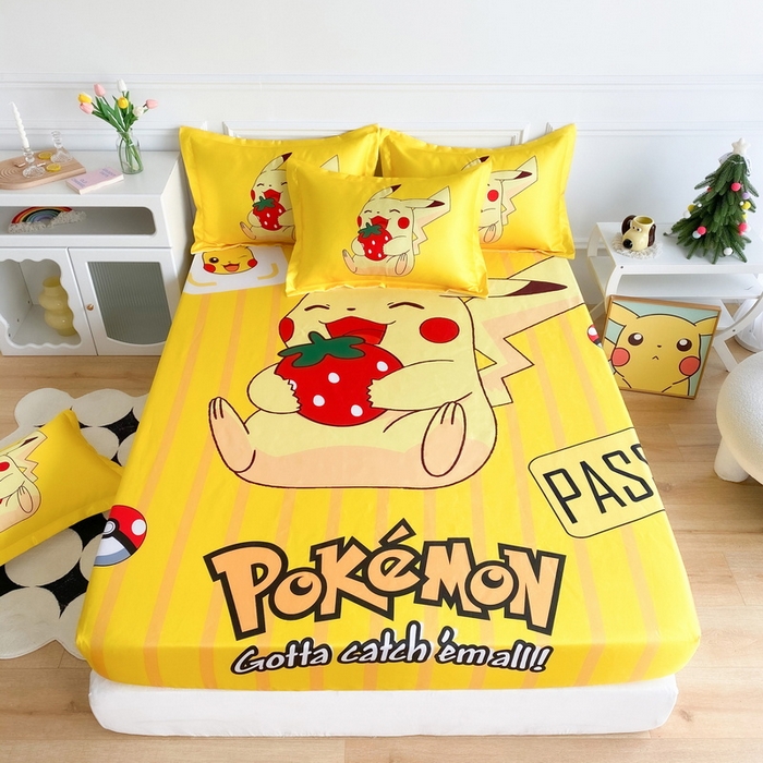 91家纺网 家纺一手货源 找家纺 一电 2025新款跨境电商外贸夏季卡通冰丝凉席床笠可水洗学生宿舍单人空调席子 草莓皮卡丘