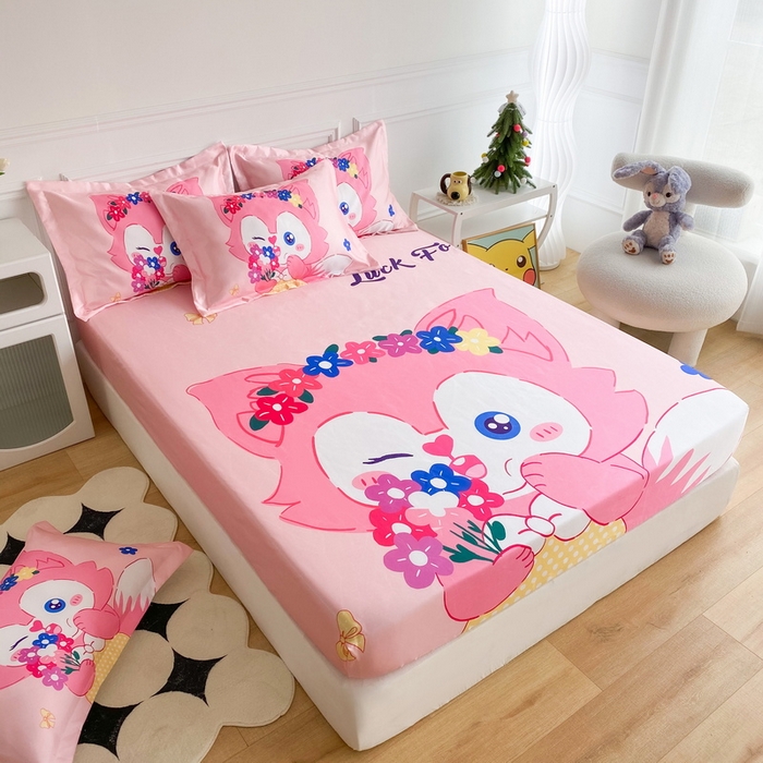 91家纺网 家纺一手货源 找家纺 一电 2025新款跨境电商外贸夏季卡通冰丝凉席床笠可水洗学生宿舍单人空调席子 花朵狐