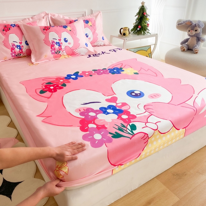 91家纺网 家纺一手货源 找家纺 一电 2025新款跨境电商外贸夏季卡通冰丝凉席床笠可水洗学生宿舍单人空调席子 花朵狐