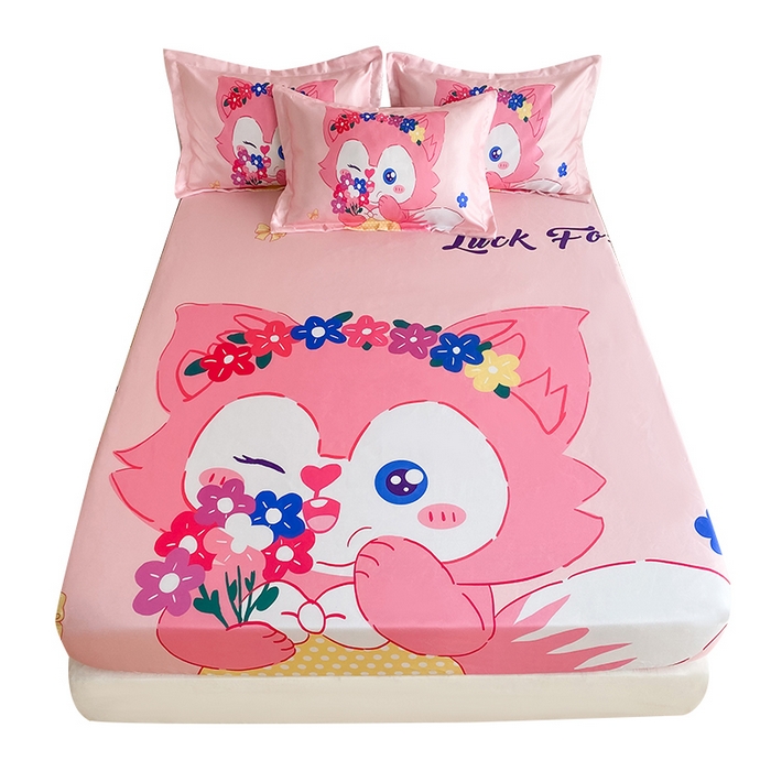 91家纺网 家纺一手货源 找家纺 一电 2025新款跨境电商外贸夏季卡通冰丝凉席床笠可水洗学生宿舍单人空调席子 花朵狐