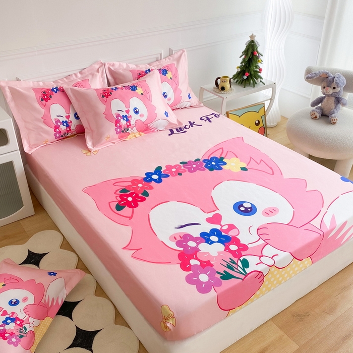 91家纺网 家纺一手货源 找家纺 一电 2025新款跨境电商外贸夏季卡通冰丝凉席床笠可水洗学生宿舍单人空调席子 花朵狐