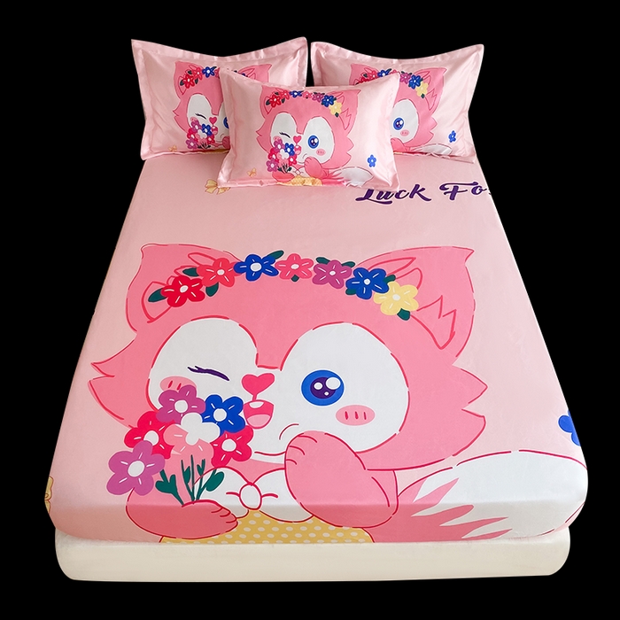 91家纺网 家纺一手货源 找家纺 一电 2025新款跨境电商外贸夏季卡通冰丝凉席床笠可水洗学生宿舍单人空调席子 花朵狐