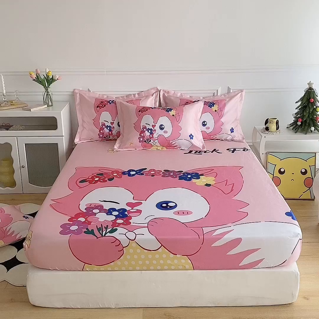 91家纺网 家纺一手货源 找家纺 一电 2025新款跨境电商外贸夏季卡通冰丝凉席床笠可水洗学生宿舍单人空调席子 花朵狐