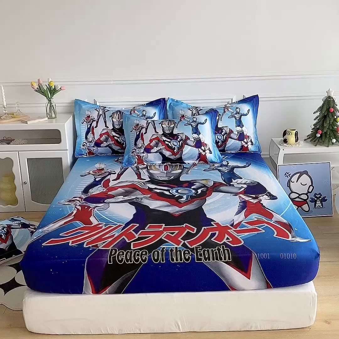 91家纺网 家纺一手货源 找家纺 一电 2025新款跨境电商外贸夏季卡通冰丝凉席床笠可水洗学生宿舍单人空调席子 奥特曼战队