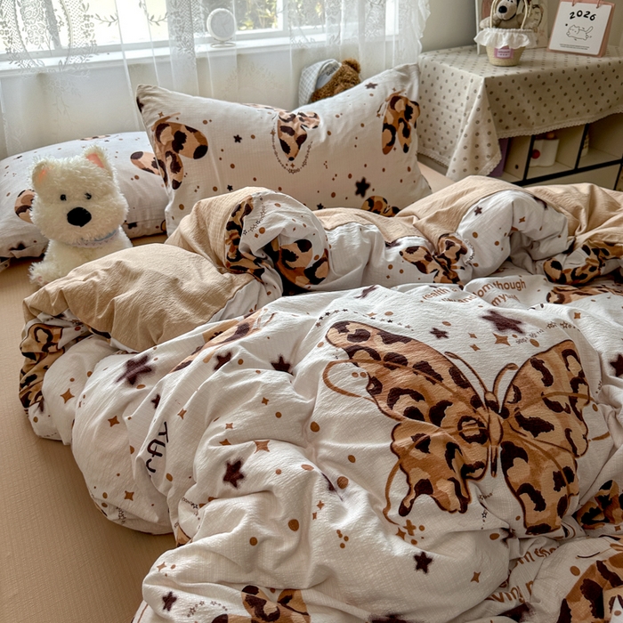 91家纺网 家纺一手货源 找家纺 花伞家居 2025新款印花双层纱四件套（提供买家秀） 豹纹蝴蝶