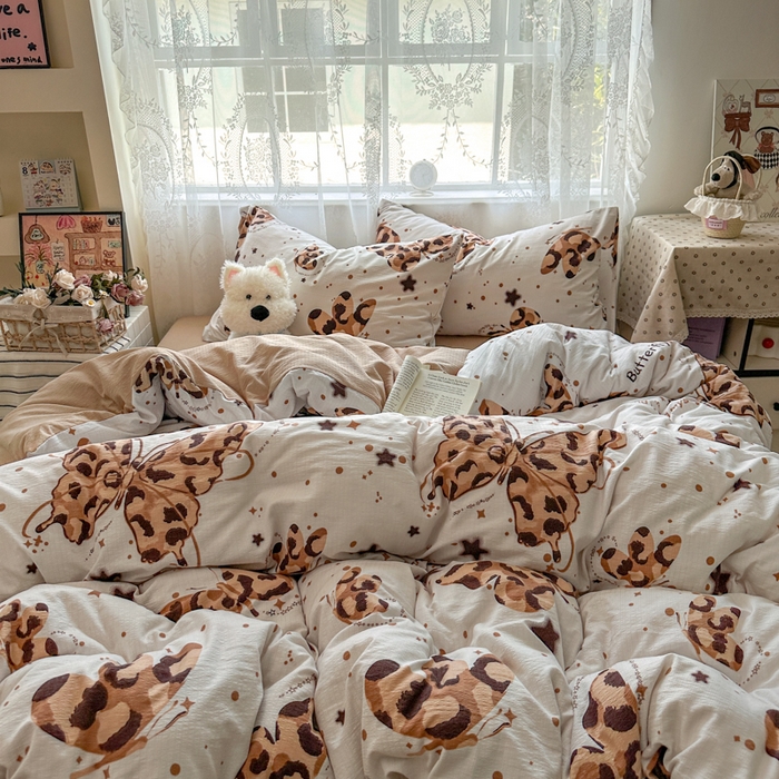 91家纺网 家纺一手货源 找家纺 花伞家居 2025新款印花双层纱四件套（提供买家秀） 豹纹蝴蝶