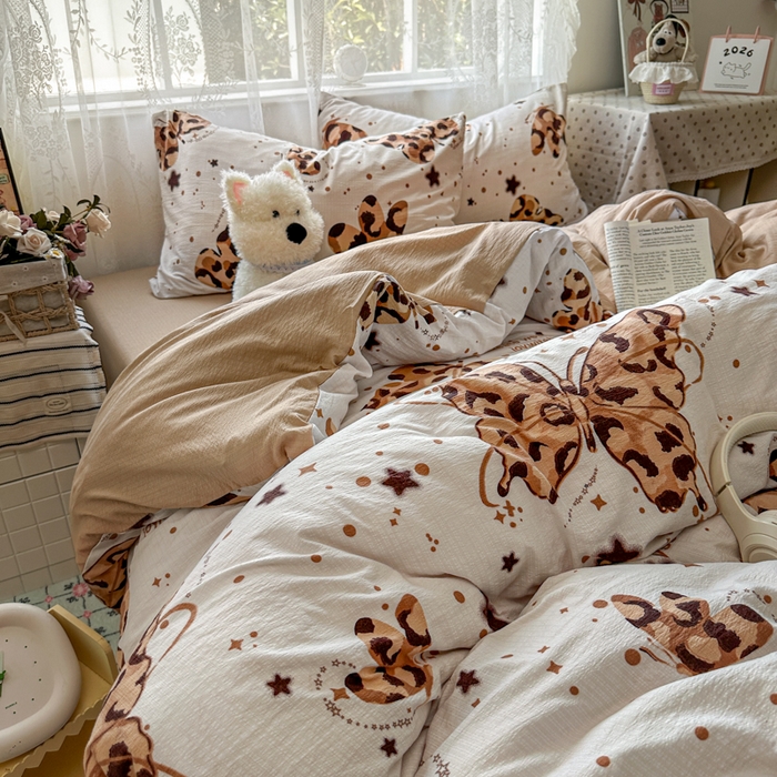 91家纺网 家纺一手货源 找家纺 花伞家居 2025新款印花双层纱四件套（提供买家秀） 豹纹蝴蝶