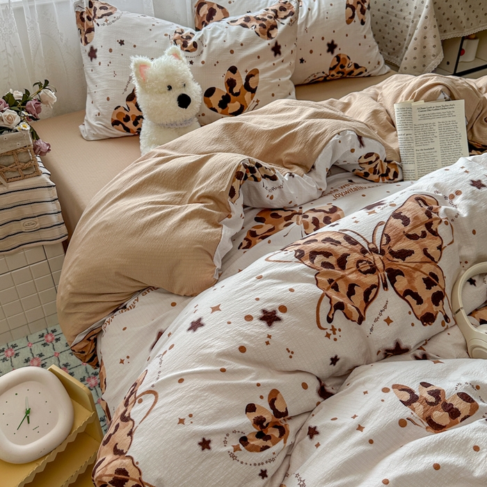 91家纺网 家纺一手货源 找家纺 花伞家居 2025新款印花双层纱四件套（提供买家秀） 豹纹蝴蝶