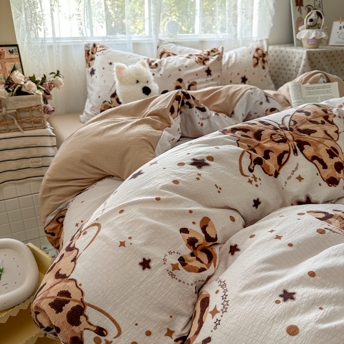 91家纺网 家纺一手货源 找家纺 花伞家居 2025新款印花双层纱四件套（提供买家秀） 豹纹蝴蝶