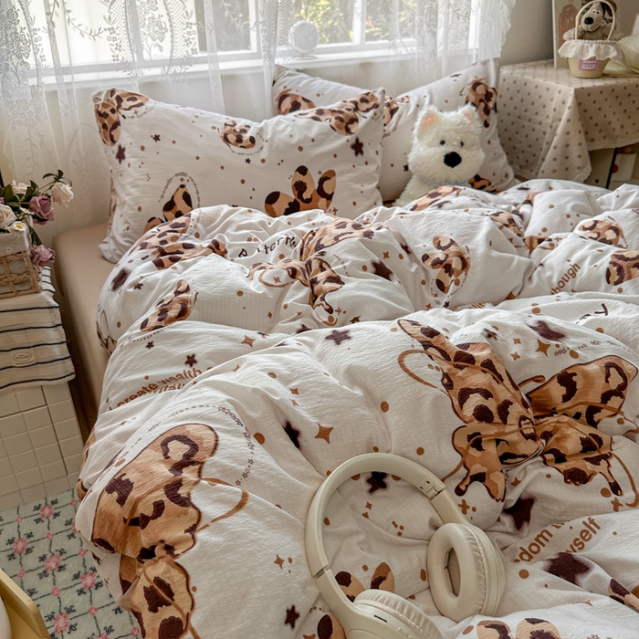 91家纺网 家纺一手货源 找家纺 花伞家居 2025新款印花双层纱四件套（提供买家秀） 豹纹蝴蝶