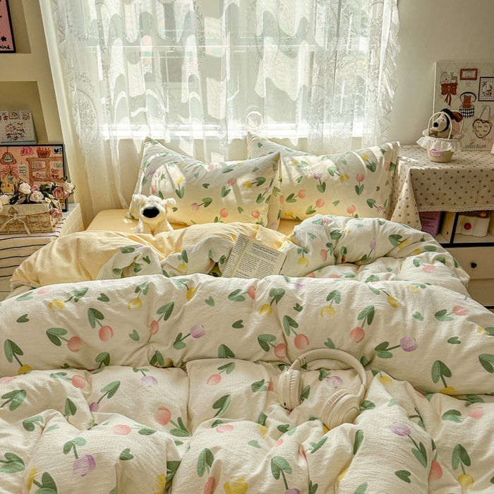 91家纺网 家纺一手货源 找家纺 花伞家居 2025新款印花双层纱四件套（提供买家秀） 彩色郁金香