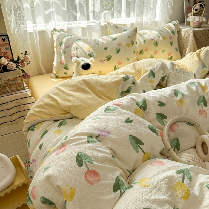 91家纺网 家纺一手货源 找家纺 花伞家居 2025新款印花双层纱四件套（提供买家秀） 彩色郁金香