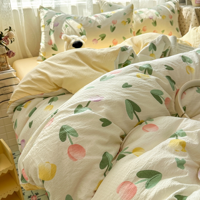 91家纺网 家纺一手货源 找家纺 花伞家居 2025新款印花双层纱四件套（提供买家秀） 彩色郁金香