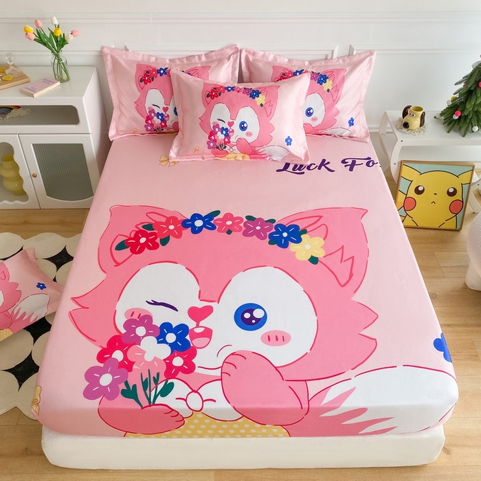 91家纺网 家纺一手货源 找家纺 一电 2025新款跨境电商外贸夏季卡通冰丝凉席床笠可水洗学生宿舍单人空调席子 花朵狐