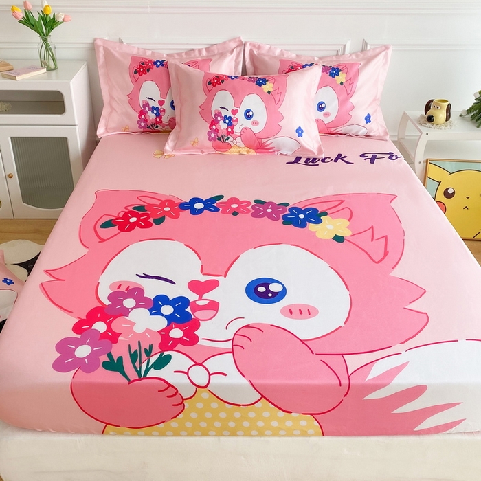 91家纺网 家纺一手货源 找家纺 一电 2025新款跨境电商外贸夏季卡通冰丝凉席床笠可水洗学生宿舍单人空调席子 花朵狐