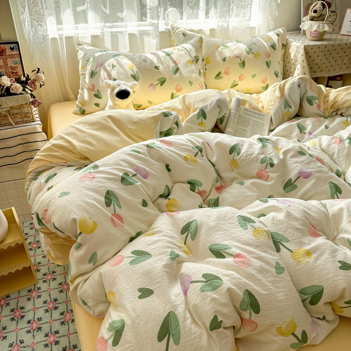 91家纺网 家纺一手货源 找家纺 花伞家居 2025新款印花双层纱四件套（提供买家秀） 彩色郁金香