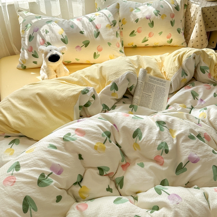 91家纺网 家纺一手货源 找家纺 花伞家居 2025新款印花双层纱四件套（提供买家秀） 彩色郁金香