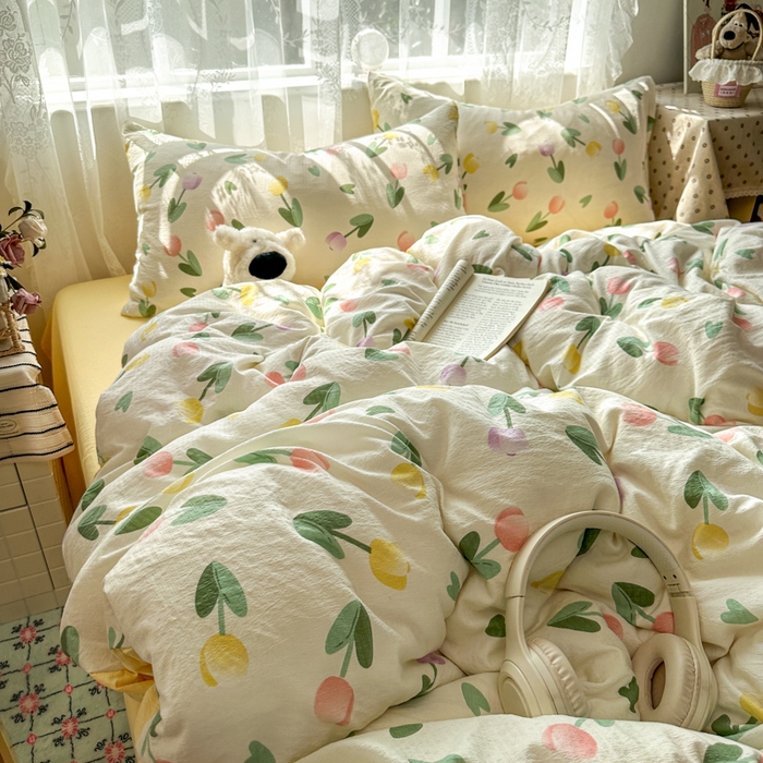 91家纺网 家纺一手货源 找家纺 花伞家居 2025新款印花双层纱四件套（提供买家秀） 彩色郁金香