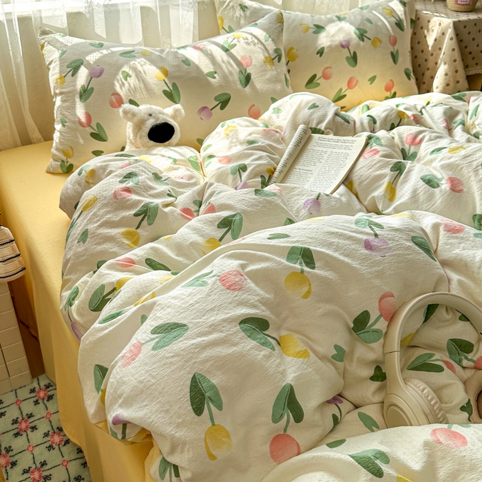 91家纺网 家纺一手货源 找家纺 花伞家居 2025新款印花双层纱四件套（提供买家秀） 彩色郁金香