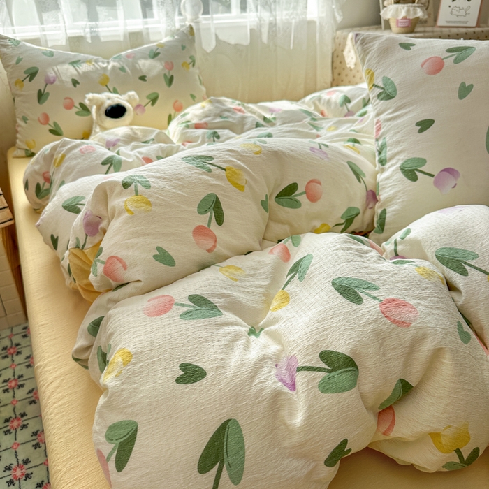 91家纺网 家纺一手货源 找家纺 花伞家居 2025新款印花双层纱四件套（提供买家秀） 彩色郁金香