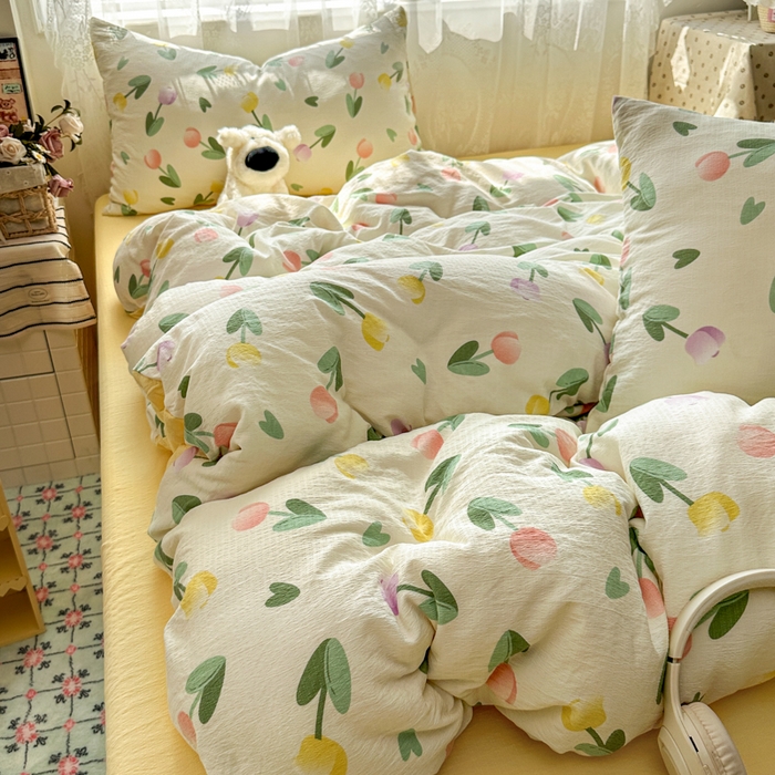 91家纺网 家纺一手货源 找家纺 花伞家居 2025新款印花双层纱四件套（提供买家秀） 彩色郁金香