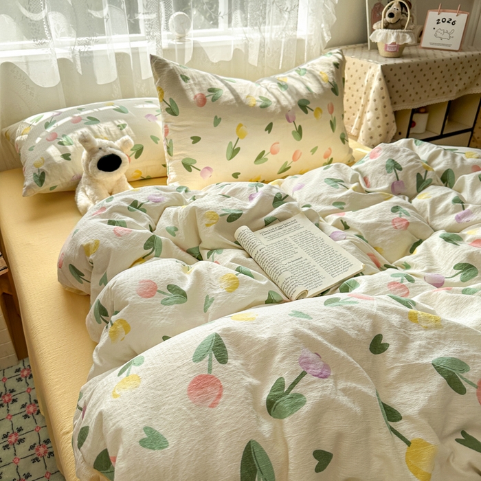 91家纺网 家纺一手货源 找家纺 花伞家居 2025新款印花双层纱四件套（提供买家秀） 彩色郁金香