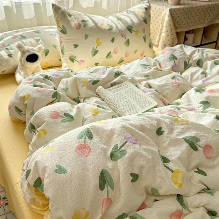 91家纺网 家纺一手货源 找家纺 花伞家居 2025新款印花双层纱四件套（提供买家秀） 彩色郁金香