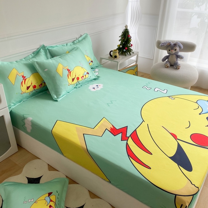 91家纺网 家纺一手货源 找家纺 一电 2025新款跨境电商外贸夏季卡通冰丝凉席床笠可水洗学生宿舍单人空调席子 呼呼皮卡丘