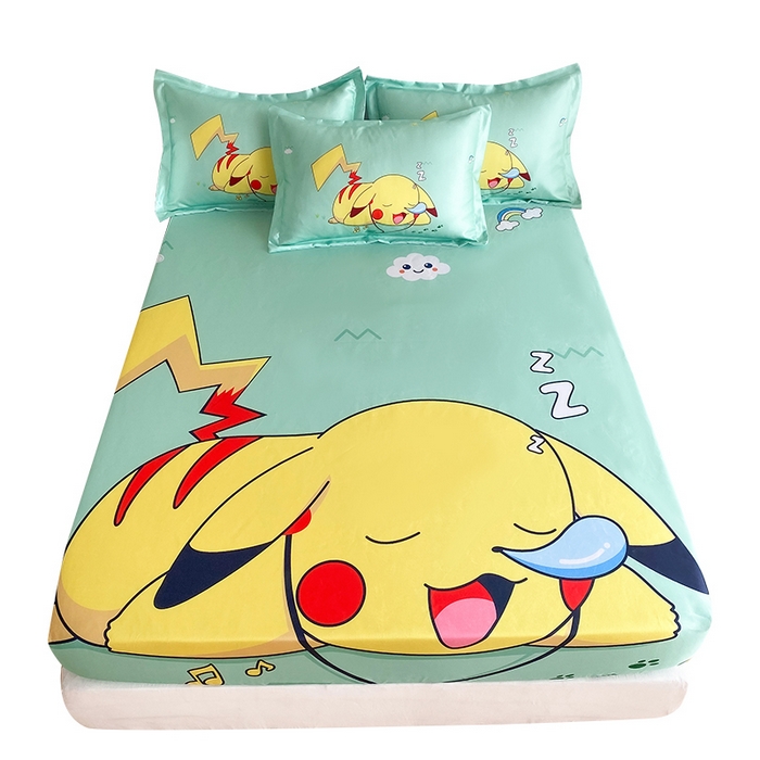 91家纺网 家纺一手货源 找家纺 一电 2025新款跨境电商外贸夏季卡通冰丝凉席床笠可水洗学生宿舍单人空调席子 呼呼皮卡丘