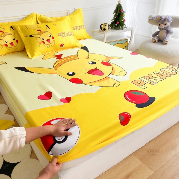 91家纺网 家纺一手货源 找家纺 一电 2025新款跨境电商外贸夏季卡通冰丝凉席床笠可水洗学生宿舍单人空调席子 奔跑皮卡丘