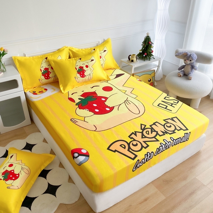 91家纺网 家纺一手货源 找家纺 一电 2025新款跨境电商外贸夏季卡通冰丝凉席床笠可水洗学生宿舍单人空调席子 草莓皮卡丘