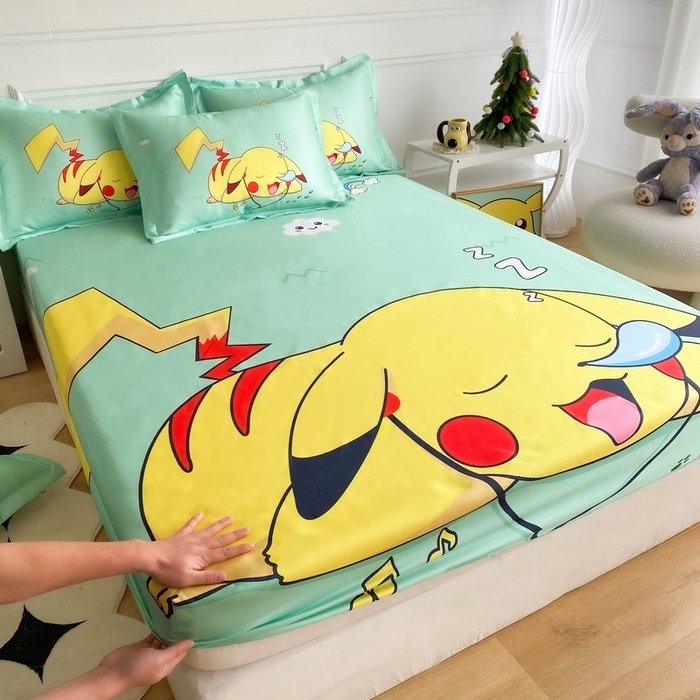 91家纺网 家纺一手货源 找家纺 一电 2025新款跨境电商外贸夏季卡通冰丝凉席床笠可水洗学生宿舍单人空调席子 呼呼皮卡丘