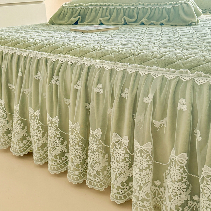 91家纺网 家纺一手货源 找家纺 罗艺轩【控价】 2025新款立体雕花牛奶绒加厚保暖床裙款四件套-安琪儿 安琪儿-绿