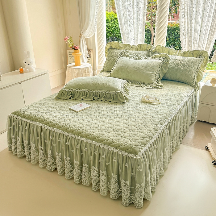 91家纺网 家纺一手货源 找家纺 罗艺轩【控价】 2025新款立体雕花牛奶绒加厚保暖床裙款四件套-安琪儿 安琪儿-绿